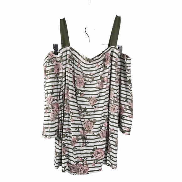 Lane Bryant Striped Floral Cold Shoulder Top Multicolor Casual Blouse Size 22/24 - Picture 1 of 9